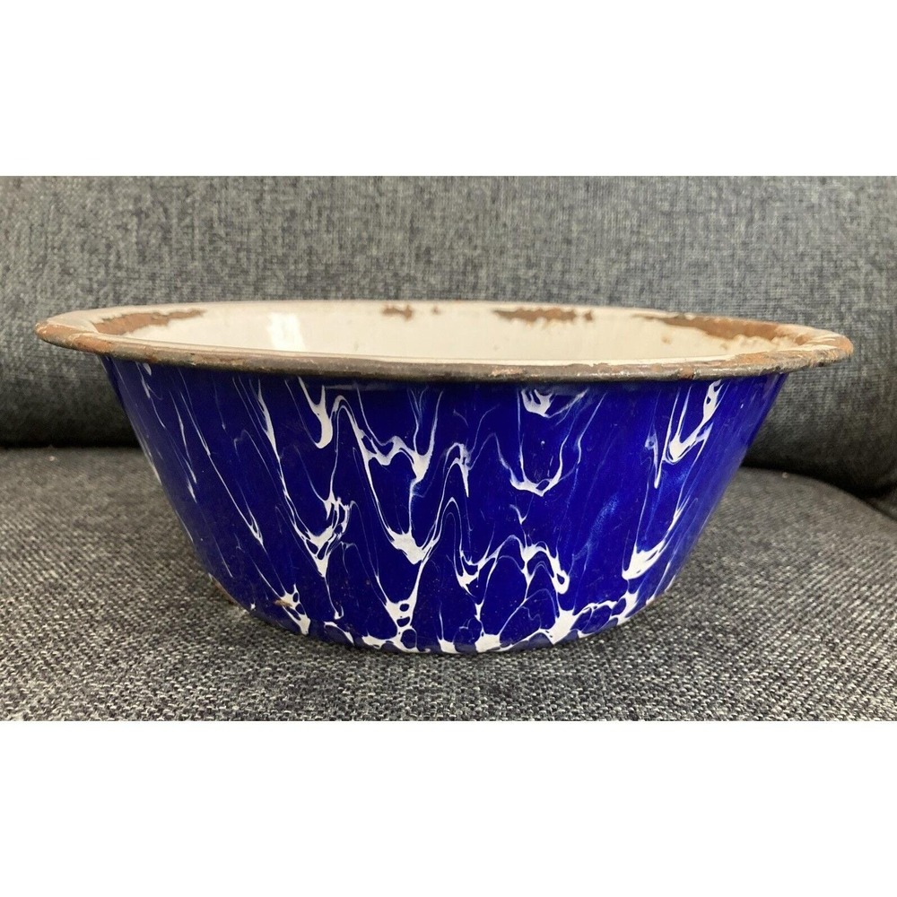 Vintage enamelware enameled swirl colbalt blue and white basin bowl farmhouse